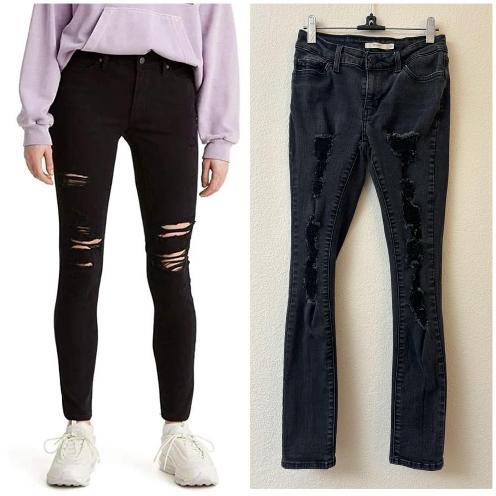 Leviโs 711 skinny black distressed low rise jeansโ 26 ripped holes